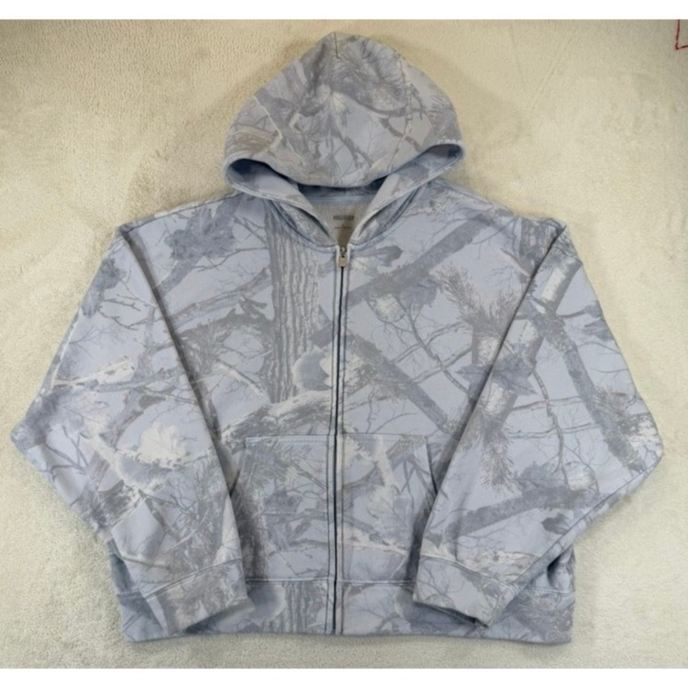 Hollister Hoodie Mens Large Gray Woodland Camo Full Zip Fleece Boxy Sweatshirt
